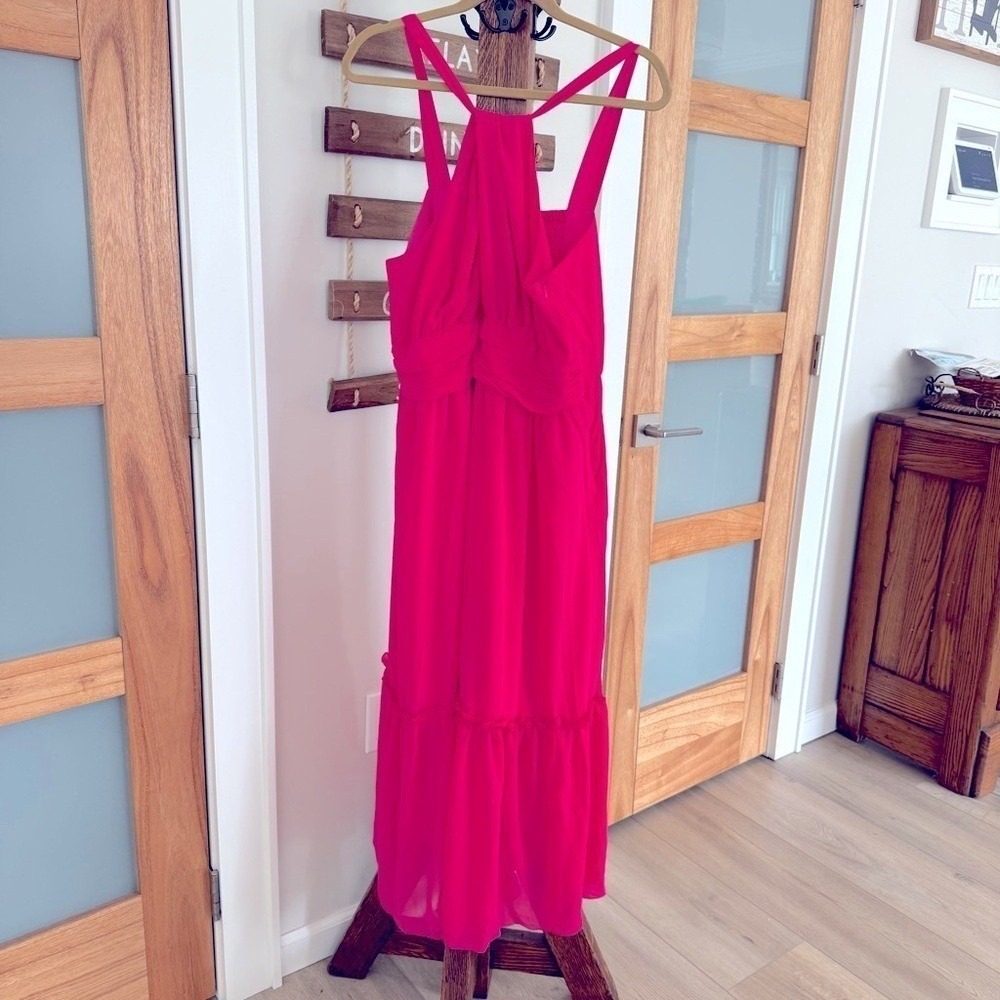 Grace Karin Ruched Halterneck Flared A-Line Elegant Dress Pink Chiffon 2XL NWT